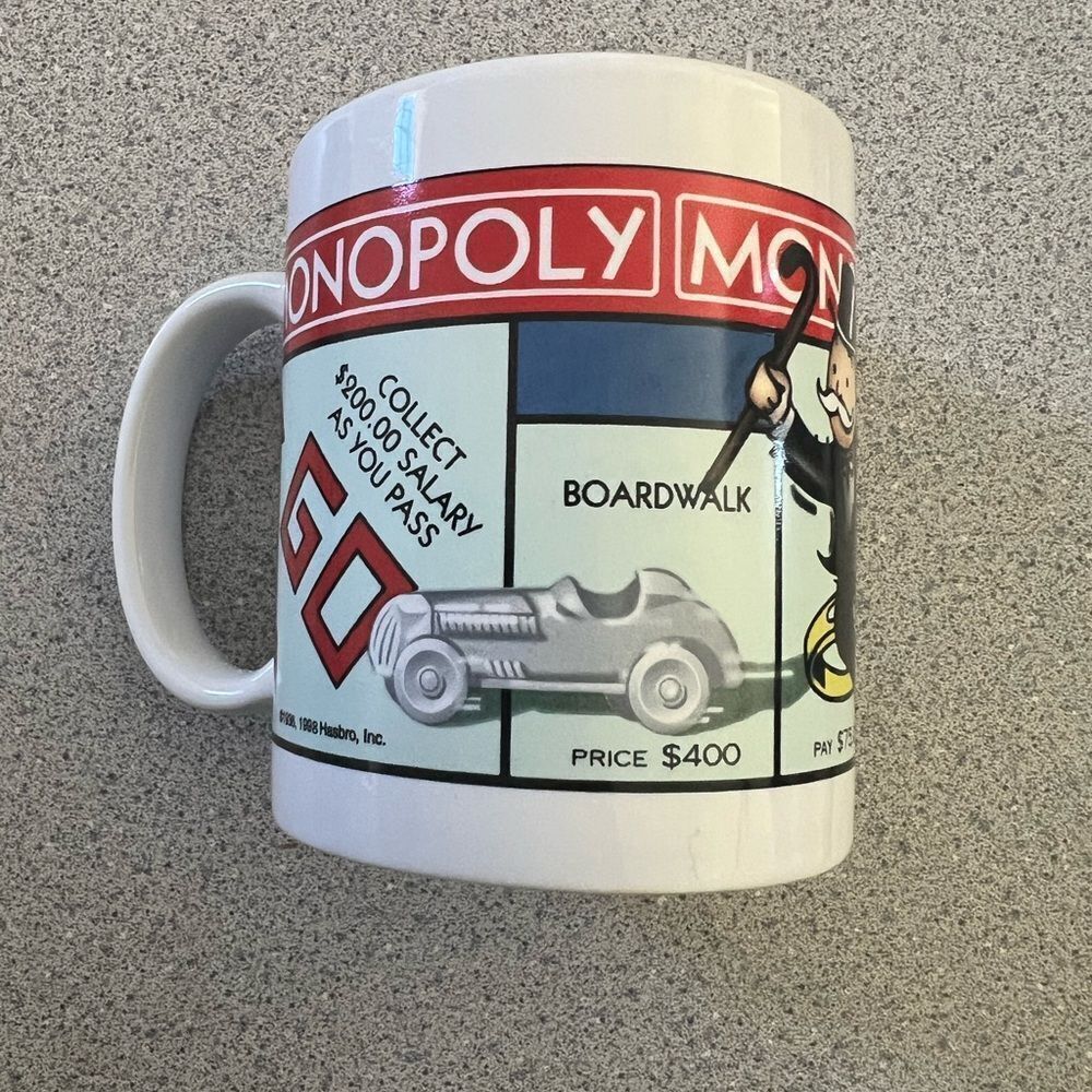 Vintage 90s Official Monopoly Board Game coffee Mug Hasbro 199&